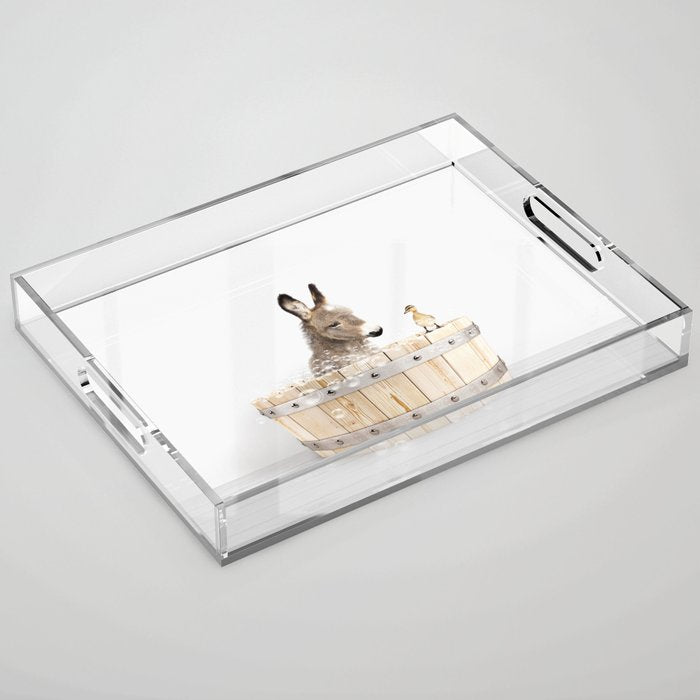 Baby Donkey in a Wooden Bathtub, Donkey Taking a Bath, Bathtub Animal Art Print By Synplus Acrylic Tray Gallery Image 1