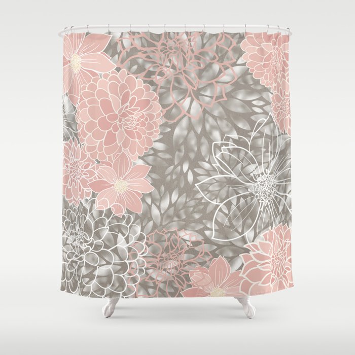 Floral Dahlias, Blush Pink, Gray, White Shower Curtain Gallery Image 1