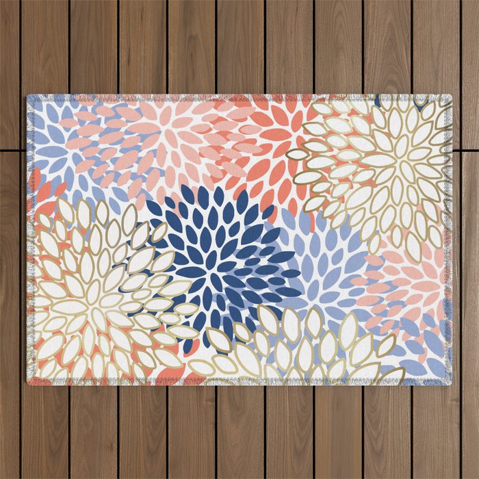Festive, Modern, Floral Prints, Pink, Navy, Gold Outdoor Rug Gallery Image 1