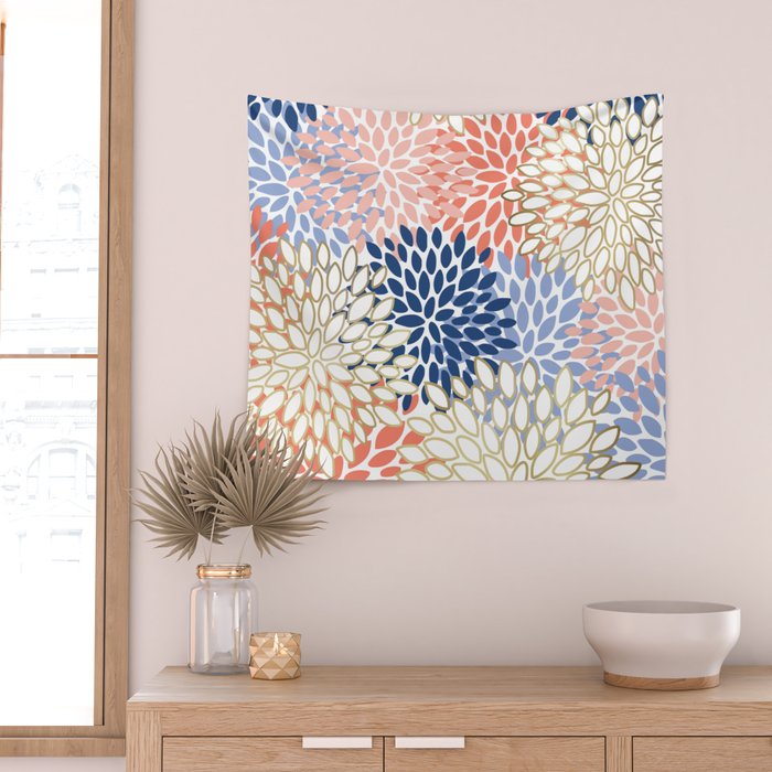 Festive, Modern, Floral Prints, Pink, Navy, Gold Wall Tapestry Gallery Image 2