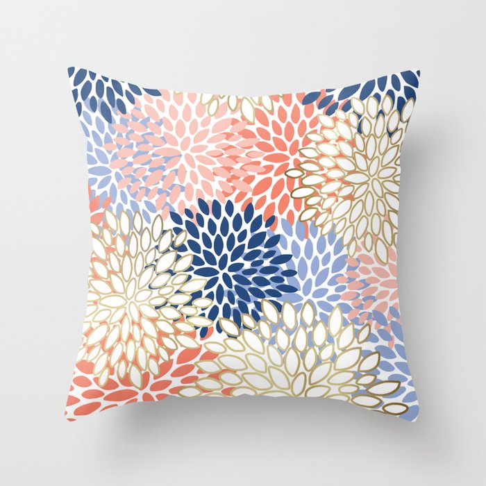 Festive, Modern, Floral Prints, Pink, Navy, Gold Throw Pillow Gallery Image 1