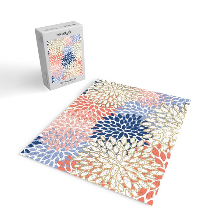 Festive, Modern, Floral Prints, Pink, Navy, Gold Jigsaw Puzzle Gallery Image 2