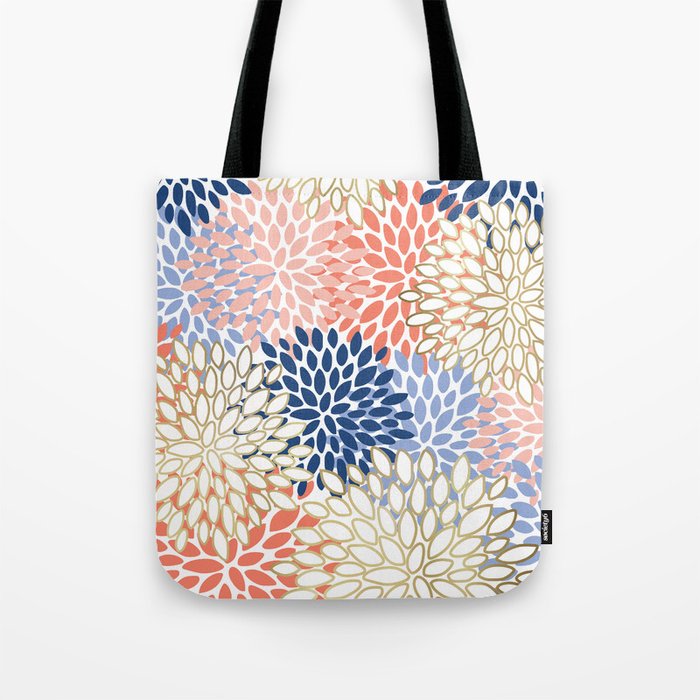 Festive, Modern, Floral Prints, Pink, Navy, Gold Tote Bag Gallery Image 1