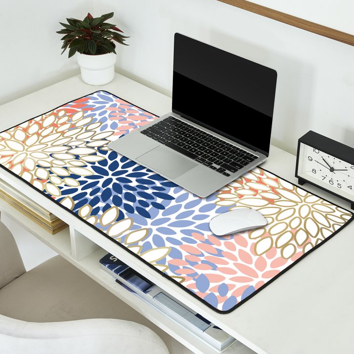Festive, Modern, Floral Prints, Pink, Navy, Gold Desk Mat Gallery Image 2