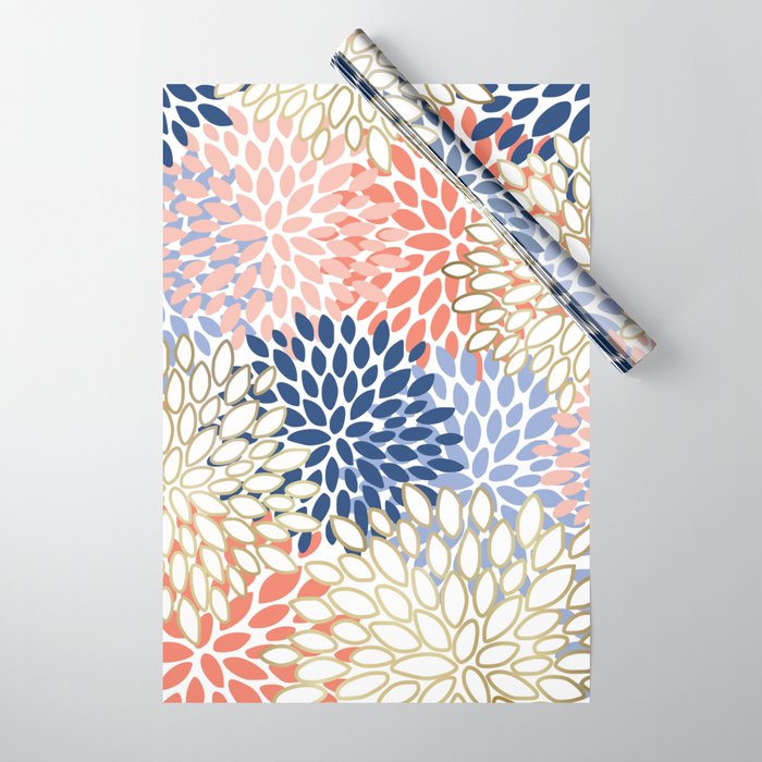 Festive, Modern, Floral Prints, Pink, Navy, Gold Wrapping Paper Gallery Image 1