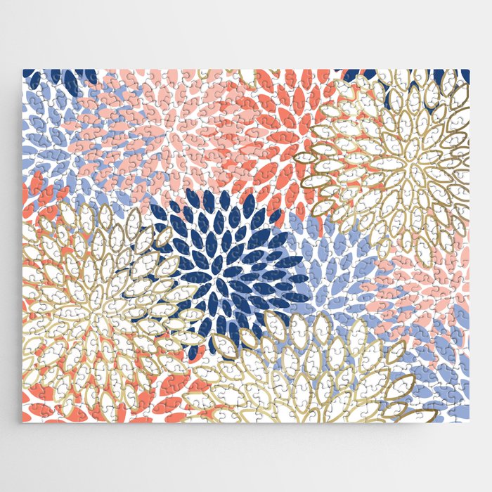 Festive, Modern, Floral Prints, Pink, Navy, Gold Jigsaw Puzzle Gallery Image 1