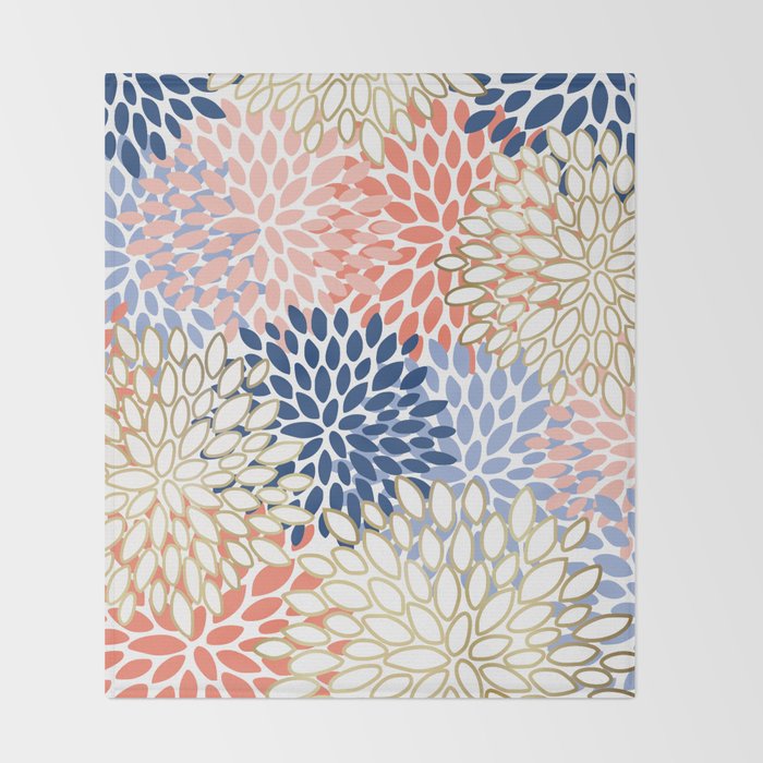 Festive, Modern, Floral Prints, Pink, Navy, Gold Throw Blanket Gallery Image 2
