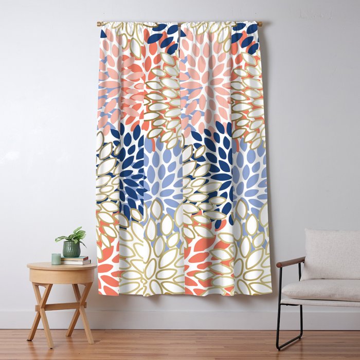 Festive, Modern, Floral Prints, Pink, Navy, Gold Window Curtain Gallery Image 5