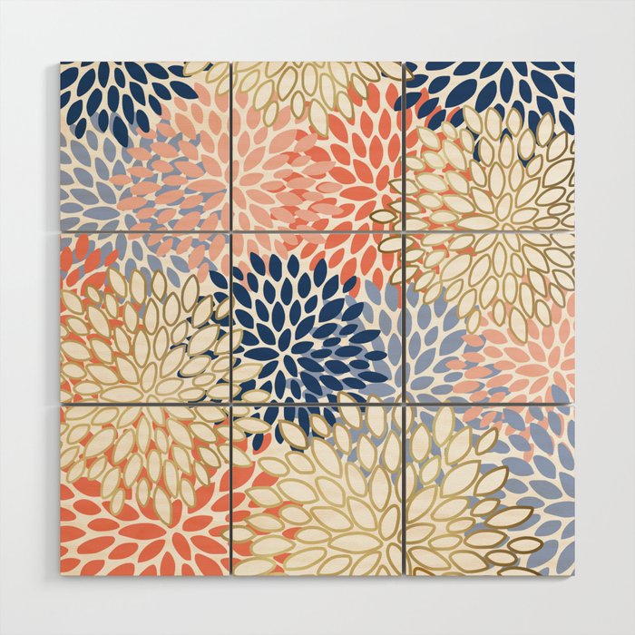 Festive, Modern, Floral Prints, Pink, Navy, Gold Wood Wall Art Gallery Image 1