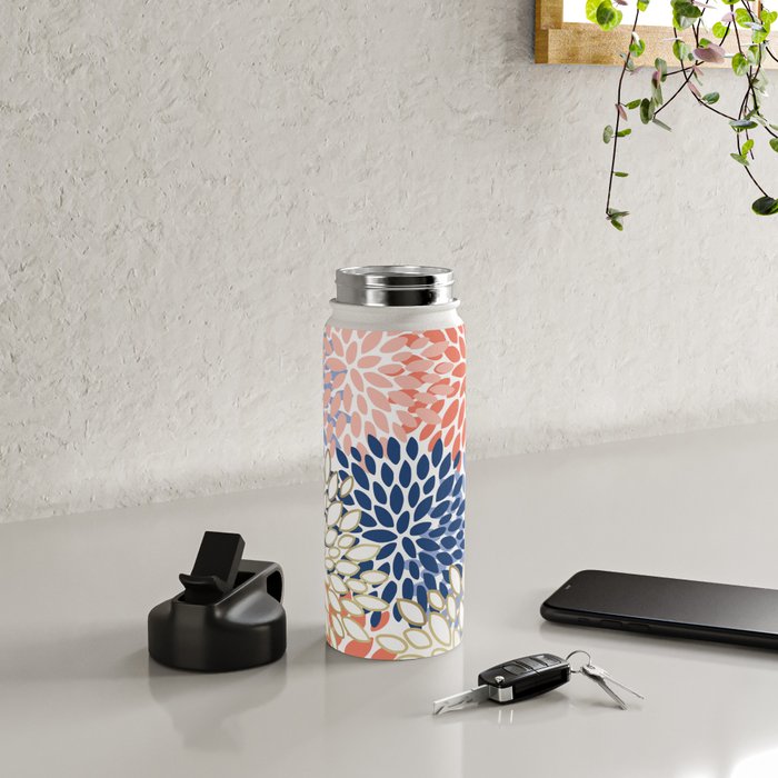 Festive, Modern, Floral Prints, Pink, Navy, Gold Water Bottle Gallery Image 4