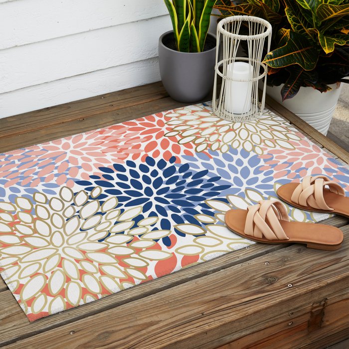 Festive, Modern, Floral Prints, Pink, Navy, Gold Outdoor Rug Gallery Image 2