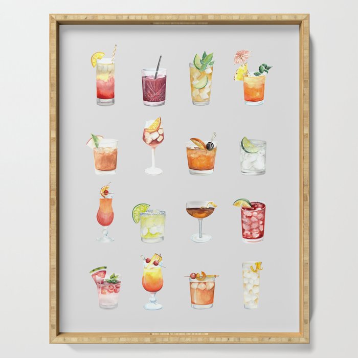 Classic Watercolor Cocktails Drinks Serving Tray Gallery Image 1