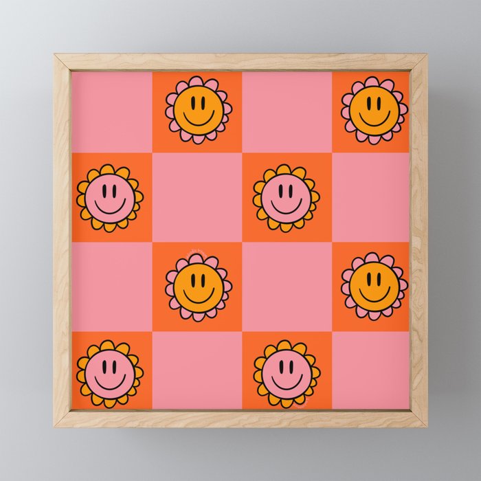 Orange Pink Smiley Checkerboard Print Mini Art Print Gallery Image 1
