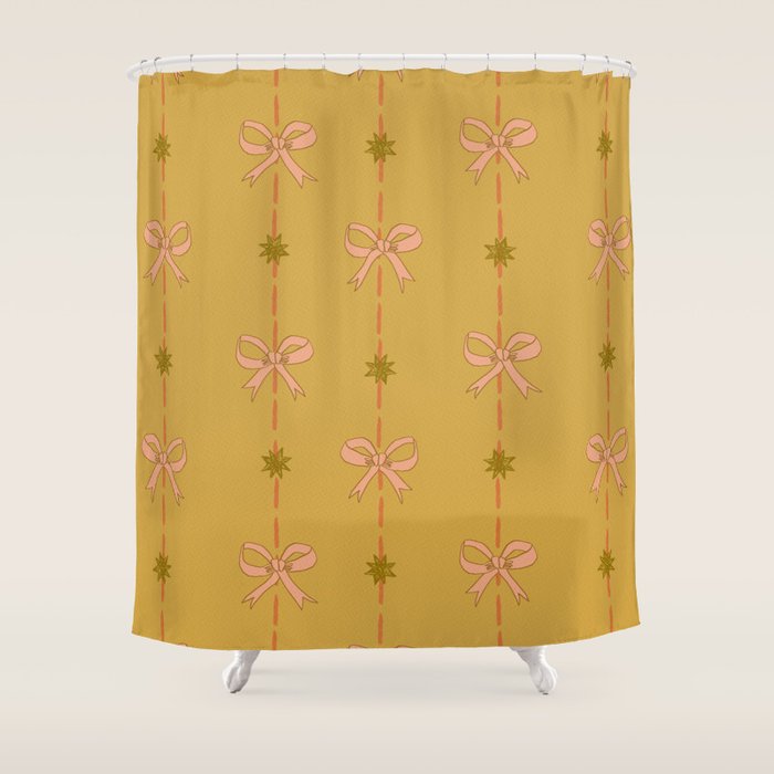 Cute Hair Bows & Stars in Yellow Ochre & Peach Shower Curtain Gallery Image 1
