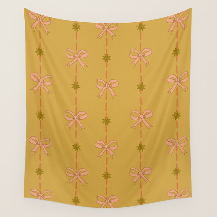 Cute Hair Bows & Stars in Yellow Ochre & Peach Wall Tapestry Gallery Image 1