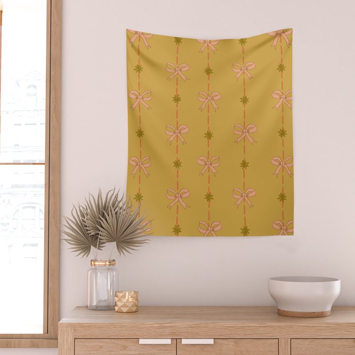 Cute Hair Bows & Stars in Yellow Ochre & Peach Wall Tapestry Gallery Image 2