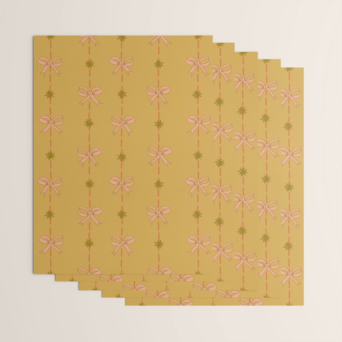Cute Hair Bows & Stars in Yellow Ochre & Peach Wrapping Paper Gallery Image 3