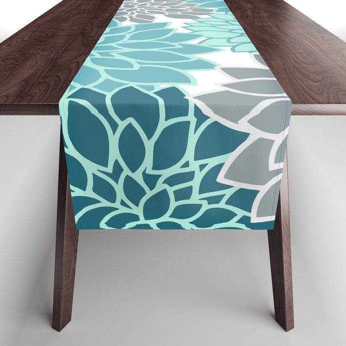 Dahlia Floral Blooms in Teal and Gray Table Runner Gallery Image 1