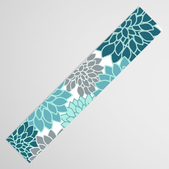 Dahlia Floral Blooms in Teal and Gray Table Runner Gallery Image 3