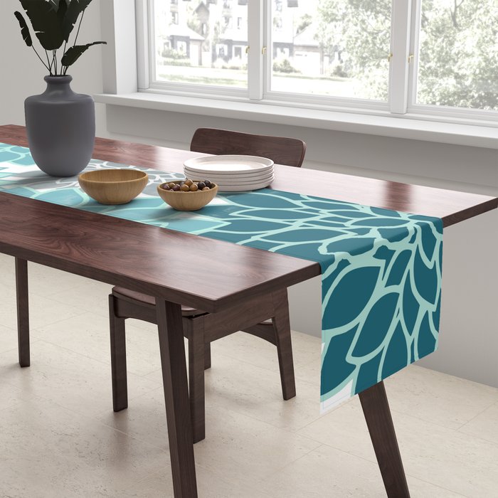 Dahlia Floral Blooms in Teal and Gray Table Runner Gallery Image 2