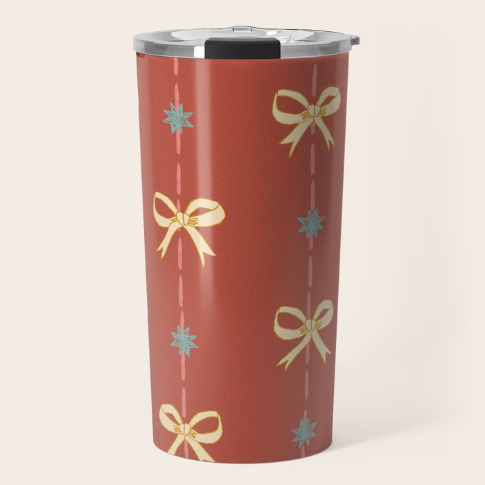 Cute Hair Bows & Stars in Burnt Red & Yellow Travel Mug Gallery Image 1
