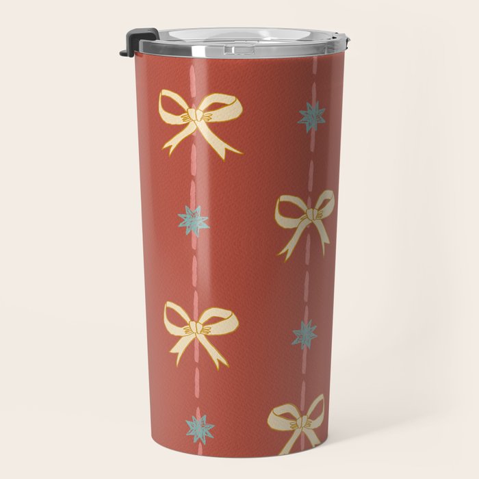 Cute Hair Bows & Stars in Burnt Red & Yellow Travel Mug Gallery Image 3