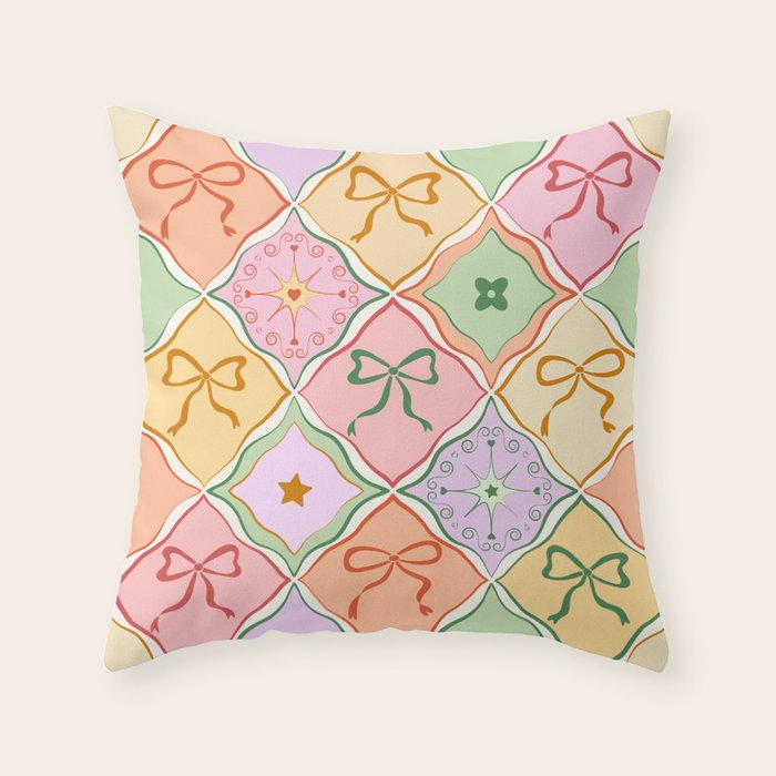 Colorful Coquette Patchwork Quilt with Bows  Throw Pillow Gallery Image 6
