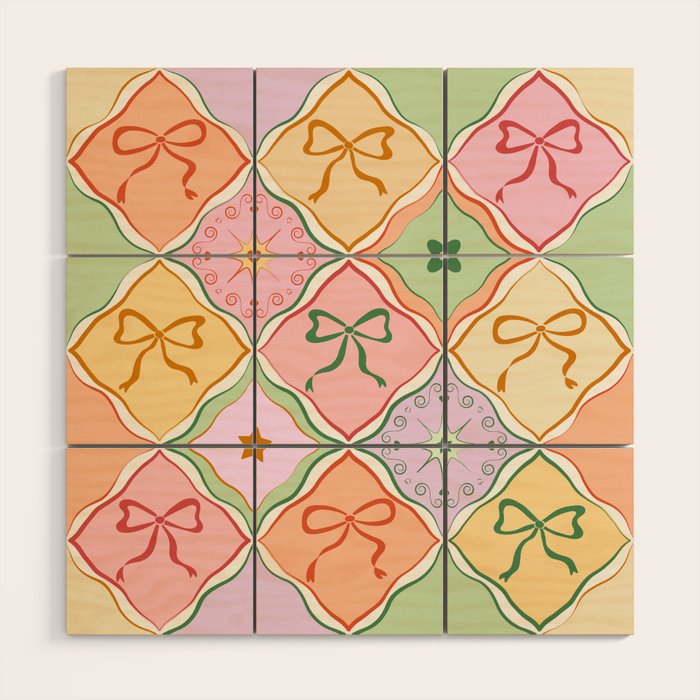 Colorful Coquette Patchwork Quilt with Bows  Wood Wall Art Gallery Image 1