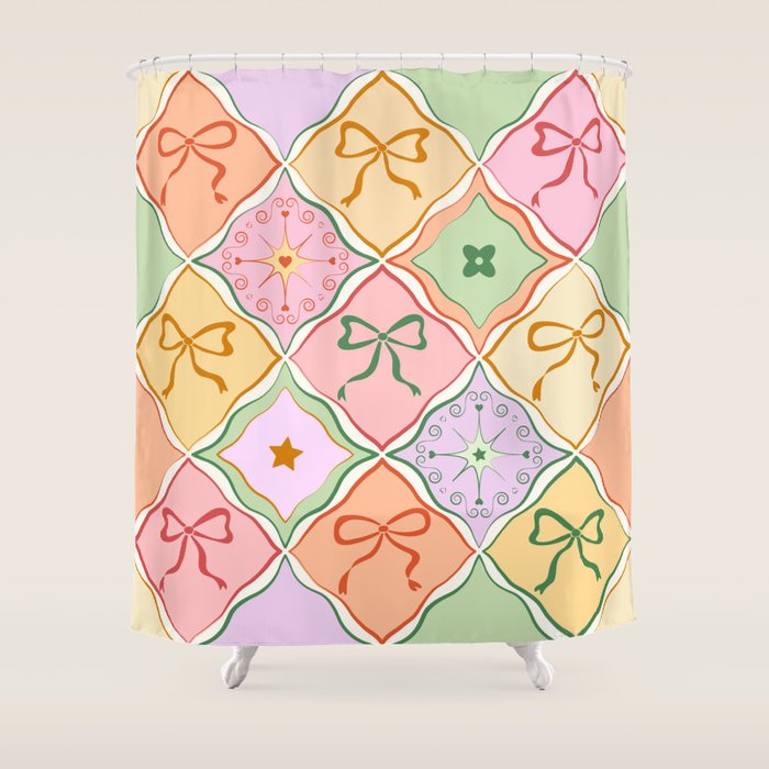 Colorful Coquette Patchwork Quilt with Bows  Shower Curtain Gallery Image 1