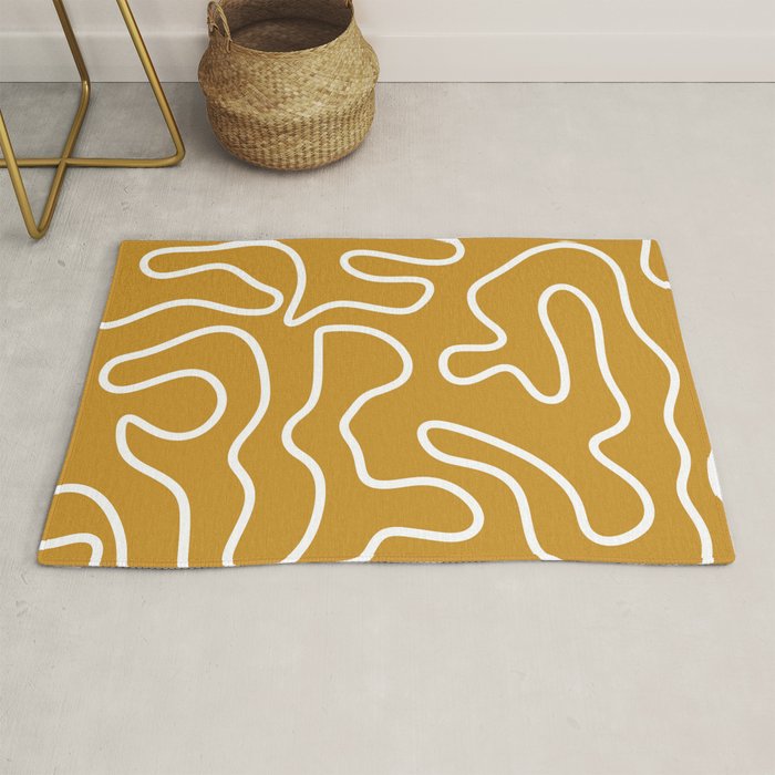 Squiggle Maze Minimalist Abstract Pattern in White and Mustard Gold Rug Gallery Image 1