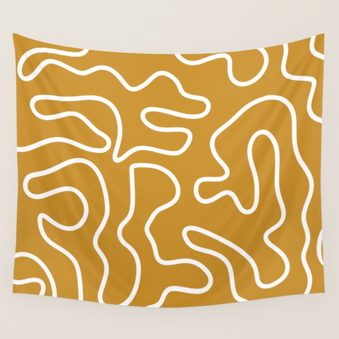 Squiggle Maze Minimalist Abstract Pattern in White and Mustard Gold Wall Tapestry Gallery Image 1