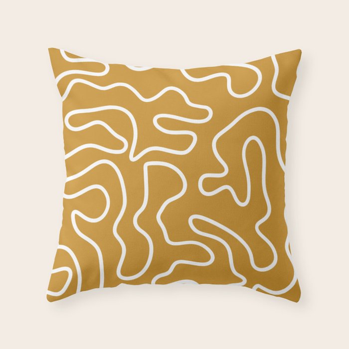 Squiggle Maze Minimalist Abstract Pattern in White and Mustard Gold Throw Pillow Gallery Image 1