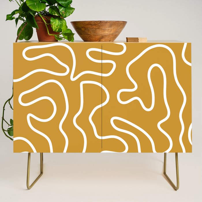 Squiggle Maze Minimalist Abstract Pattern in White and Mustard Gold Credenza Gallery Image 1