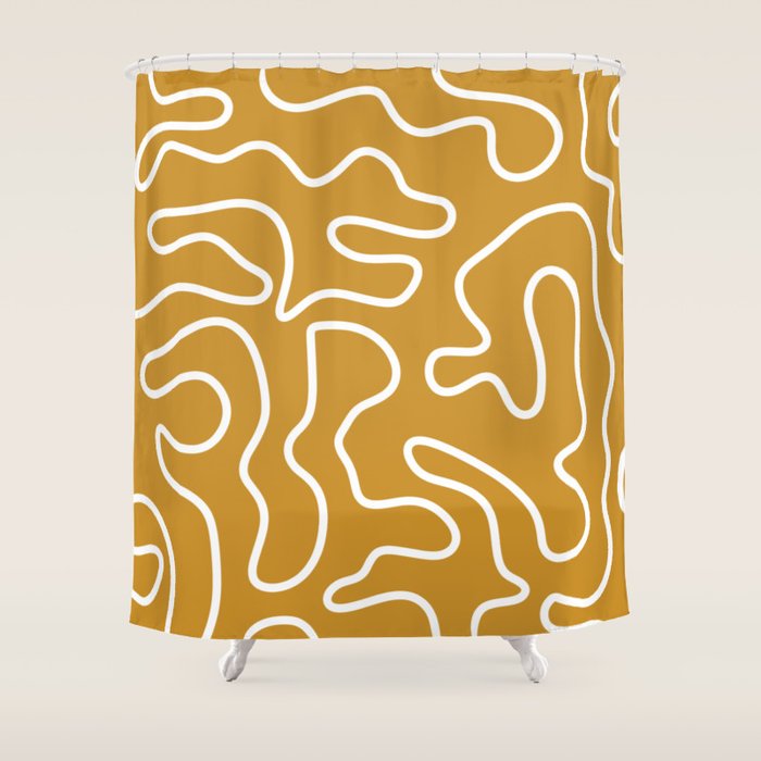 Squiggle Maze Minimalist Abstract Pattern in White and Mustard Gold Shower Curtain Gallery Image 1