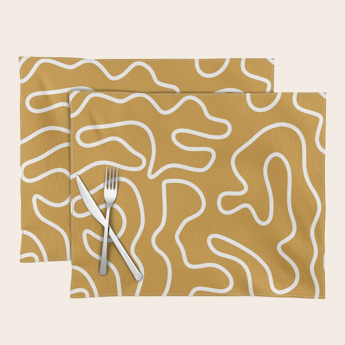 Squiggle Maze Minimalist Abstract Pattern in White and Mustard Gold Placemat Gallery Image 1
