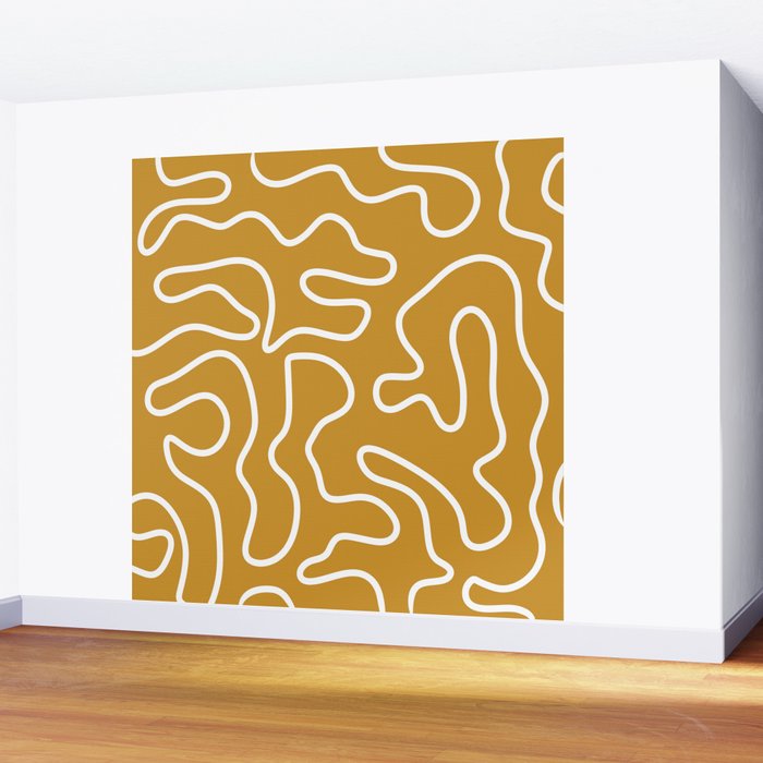 Squiggle Maze Minimalist Abstract Pattern in White and Mustard Gold Wall Mural Gallery Image 2