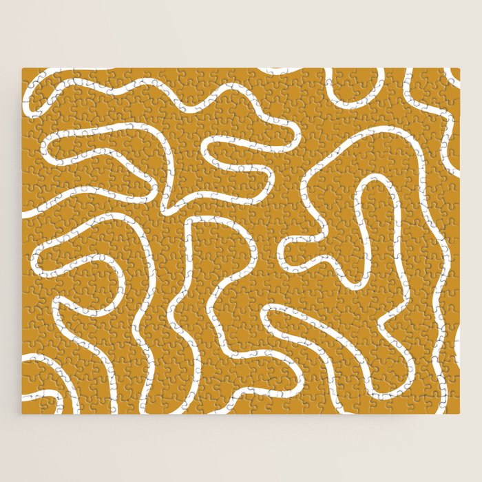 Squiggle Maze Minimalist Abstract Pattern in White and Mustard Gold Jigsaw Puzzle Gallery Image 1