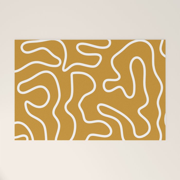 Squiggle Maze Minimalist Abstract Pattern in White and Mustard Gold Welcome Mat Gallery Image 1