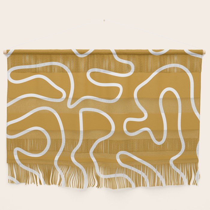 Squiggle Maze Minimalist Abstract Pattern In White And Mustard Gold Wall Hanging