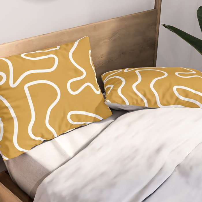 Squiggle Maze Minimalist Abstract Pattern in White and Mustard Gold Pillow Sham Gallery Image 2