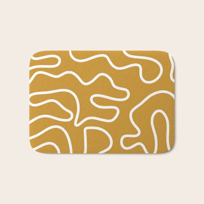 Squiggle Maze Minimalist Abstract Pattern in White and Mustard Gold Bath Mat Gallery Image 1