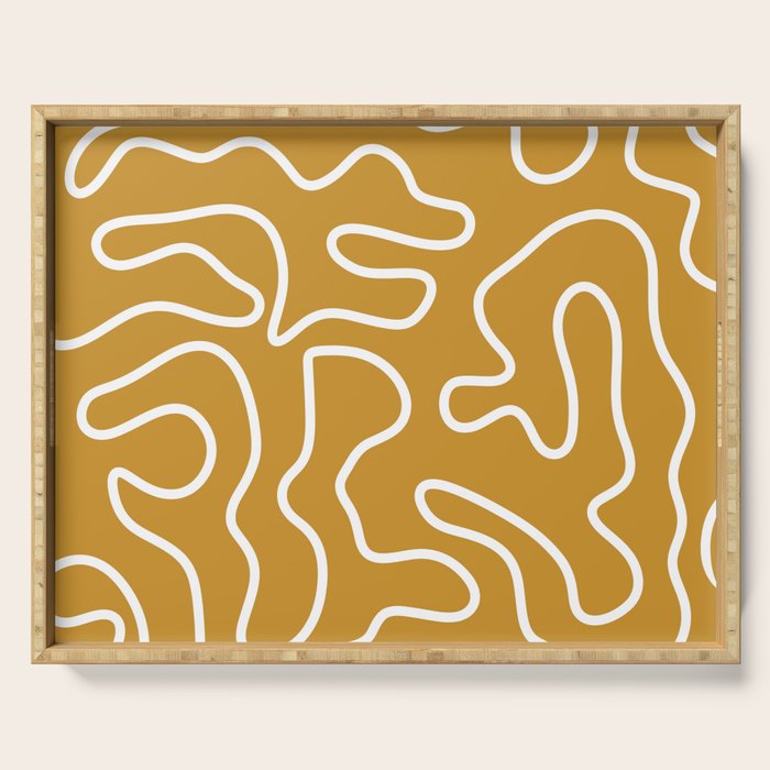Squiggle Maze Minimalist Abstract Pattern in White and Mustard Gold Serving Tray Gallery Image 1