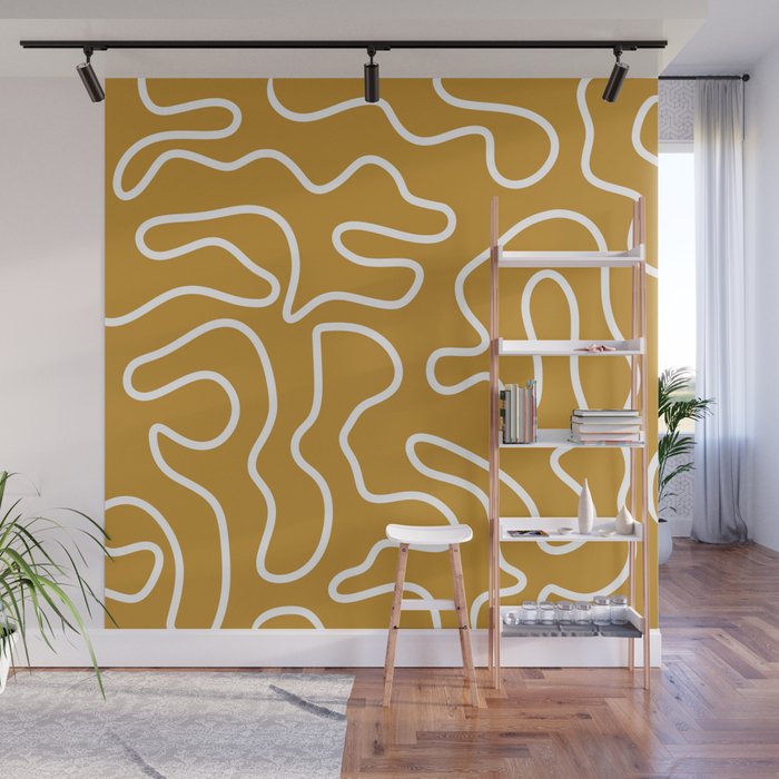 Squiggle Maze Minimalist Abstract Pattern in White and Mustard Gold Wall Mural Gallery Image 1