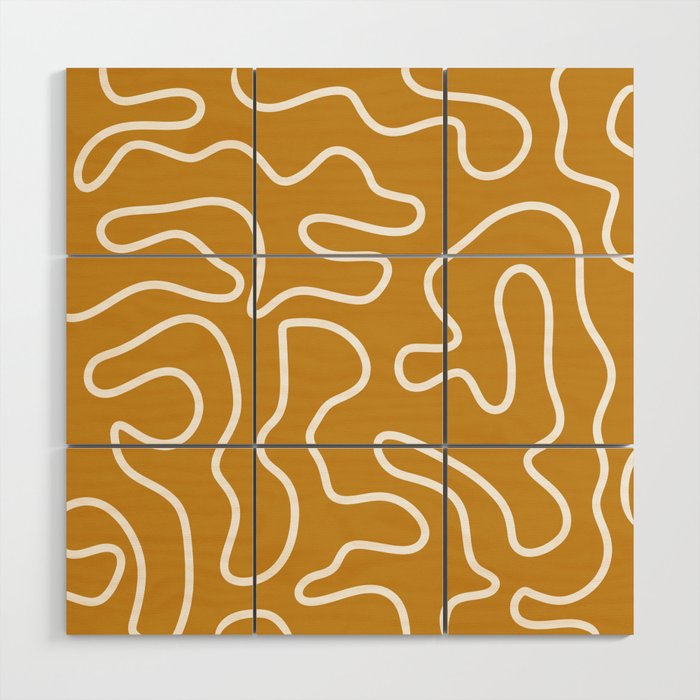Squiggle Maze Minimalist Abstract Pattern in White and Mustard Gold Wood Wall Art Gallery Image 1
