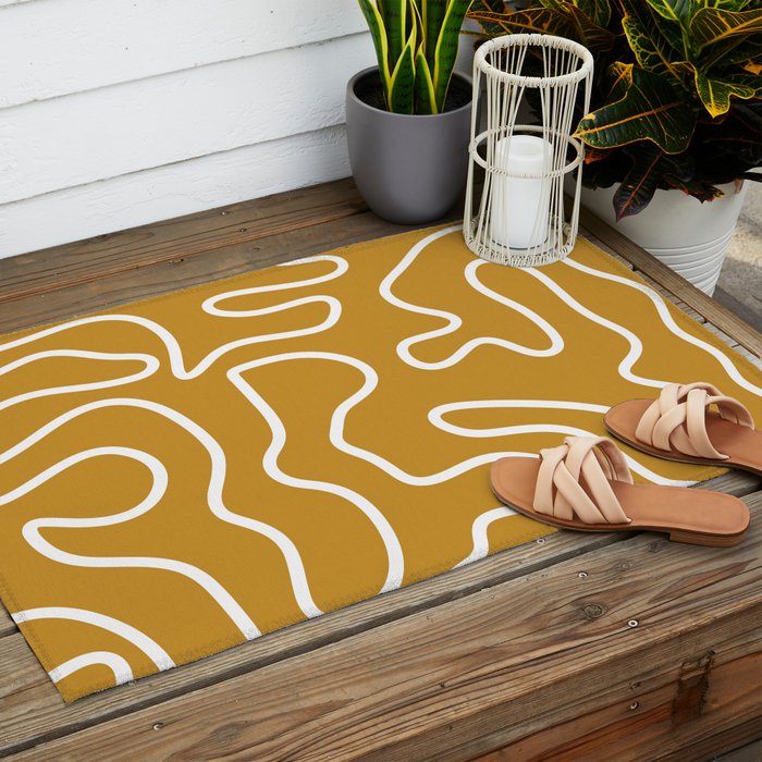 Squiggle Maze Minimalist Abstract Pattern in White and Mustard Gold Outdoor Rug Gallery Image 2
