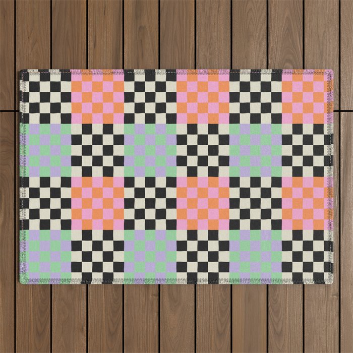 Colorful retro checkered patchwork pattern Outdoor Rug Gallery Image 1