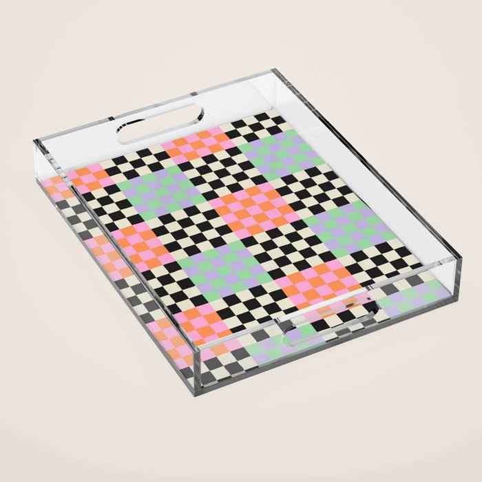 Colorful retro checkered patchwork pattern Acrylic Tray Gallery Image 1