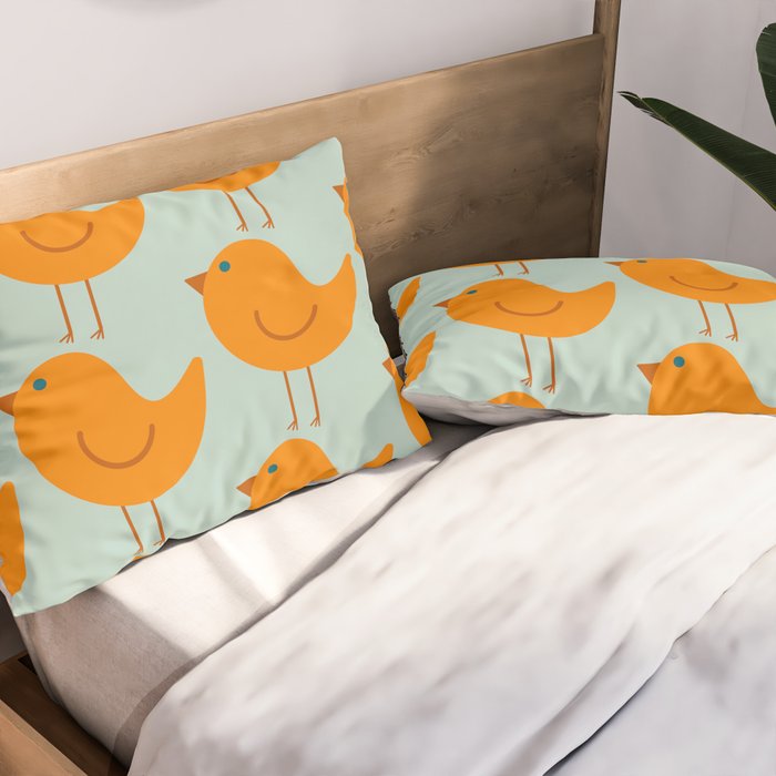 Birdies - Cute Bird Pattern in Orange, Rust, and Light Aqua Pillow Sham Gallery Image 2