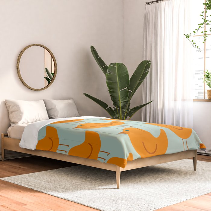 Birdies - Cute Bird Pattern in Orange, Rust, and Light Aqua Comforter Gallery Image 2