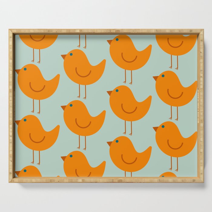 Birdies - Cute Bird Pattern in Orange, Rust, and Light Aqua Serving Tray Gallery Image 1